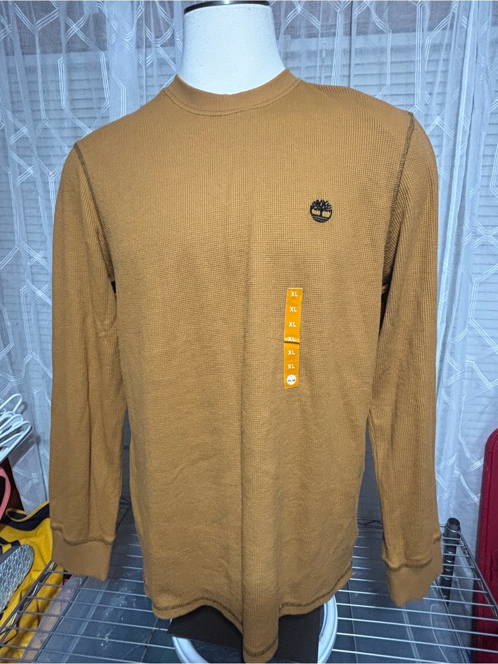 NWT Timberland Men's Long-Sleeve Waffle Crewneck Shirt - 26 p2p 32L must yellow
